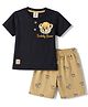 Mini Donuts Sinker Knit Half Sleeves Henley T-Shirt & Shorts Set with Bear Print - Charcoal