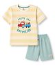 Mini Donuts Sinker Knit Half Sleeves Striped & Vehicles Printed T-Shirt & Shorts Set - Sea  Green