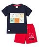 Mini Donuts Sinker Knit Half Sleeves Bear Face Printed T-Shirt & Shorts Set - Navy & Red