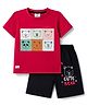 Mini Donuts Sinker Knit Half Sleeves Bear Face Printed T-Shirt & Shorts Set -Red & Navy