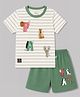 Mini Donuts Sinker Knit Half Sleeves Striped T-Shirt & Shorts Set with Animal Print & Applique - Green