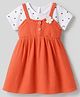 Babyhug Cotton Woven Half Sleeves Polka Dots & Floral Applique Frock With Inner Tee - Coral