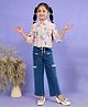 Sweety NX Cotton Blend Woven Three Fourth Sleeves Abstract Printed Shirt Styled Top & Jeans Set With Belt - Blue