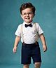 Babyhug 100% Cotton Woven Half Sleeves Striped & Triangles Printed Shirt & Shorts Set With Suspender & Bow - White & Navy Blue