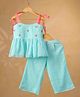 Casa Ninos Cotton Blend Woven Sleeveless Floral Embroidered Top & Pants Set - Blue