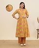 MomToBe Cotton Woven Three Fourth Sleeves Floral Printed Maternity Kurti With Side Zipper Nursing Access & Pants Set - Mustard Yellow