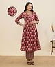 MomToBe Cotton Woven Three Fourth Sleeves Floral Printed Maternity Kurti With Side Zipper Nursing Access & Pants Set - Carmine Red
