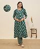 MomToBe Cotton Woven Three Fourth Sleeves Floral Printed Maternity Kurti With Side Zipper Nursing Access & Pants Set - Castleton Green