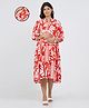 MomToBe Twill Woven Three Fourth Sleeves Floral Printed Maternity Dress With Side Zipper Nursing Access - Red & White