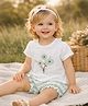 Mi Arcus 100% Cotton Knit Half Sleeves Floral Embroidered Top & Shorts Set - White & Green
