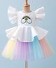 Enfance Cotton Mixes Woven Half Sleeves Flared Party Dress With Rainbow & Pearl Embellishment - White