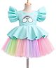 Enfance Cotton Mixes Woven Half Sleeves Flared Party Dress With Rainbow & Pearl Embellishment - Light Green