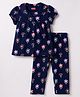 Babyhug Cotton Knit Half Sleeves Peter Pan Collared Top & Pyjama Night Suit Floral Print - Navy Blue