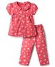 Babyhug Cotton Knit Half Sleeves Front Open Top & Pyjama Night Suit with Floral Print - Red