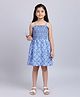 M'andy Georgette Woven Sleeveless Floral Motifs Printed Smocked Dress - Blue