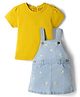 Babyhug Denim Woven Frocks with Inner Tee and Half Sleeves with Floral Print in Blue & Yellow