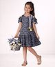 Lil' Drama Cotton Knit Cold Shoulders Floral Printed Lace Embellished Dress - Navy Blue