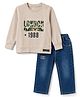 Olio Kids Looper Knit Full Sleeves Winter Wear T-Shirt & Jeans Set Text Print - Light Grey