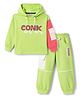 Olio Kids Looper Knit Full Sleeves Hooded Sweatshirt & Joggers Winter Wear Suit With Text Print - Limegreen