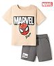 Bonfino Marvel Interlock Knit Half Sleeves T-Shirt & Shorts With Marvel Graphic - Peach