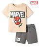 Bonfino Marvel Interlock Knit Half Sleeves T-Shirt & Shorts With Marvel Graphic - Peach