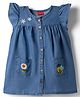 Babyhug Denim Woven Half Sleeves One Piece Dress With Floral & Bee Embroidery - Navy Blue