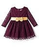 Babyoye Lace Woven Full Sleeves Embroidered Party Dresses with Bow Applique - Maroon