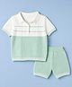 ToffyHouse Knit Half Sleeves Polo T-Shirt & Shorts Set with Colour Block & Cable Knit Design- White & Light Green
