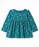 Zero Sinker Knit Full Sleeves Flared One Piece Frock With Floral Print - Green