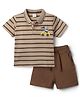 Babyhug Single Jersey Knit Half Sleeves Striped T-Shirt with Shorts Set Vehicle & Teddy Print - Brown