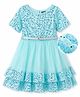 Hola Bonita Knit Half Sleeves Sequinned Party Dress with Mesh & Belt - Light Blue