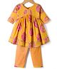 Teentaare Cotton Woven Three Forth Sleeves Floral Printed & Striped Kurti & Pant Set - Yellow & Pink