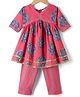 Teentaare Cotton Woven Three Forth Sleeves Floral Printed & Striped Kurta & Salwar Set - Red & Blue