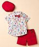 ToffyHouse Poplin Woven Half Sleeves Rainbow Printed Party Shirt & Shorts Set with Bow & Suspender - Red
