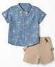 ToffyHouse Poplin Woven Half Sleeves Floral Printed Shirt and Shorts Set With Bow & Suspender - Beige