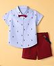 Toffyhouse Poplin Woven Half Sleeves Printed Shirt & Short Set With Bow & Suspender - Red