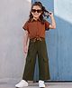 OLLINGTON ST. Cotton Woven Half Sleeve Solid Shirt Top & Waffle Knit Culottes - Brown & Olivegreen