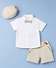 ToffyHouse Poplin Woven Half Sleeves Solid Colour Pin Tucked Shirt & Shorts Party Set with Attached Bow Cap & Suspender - Grey