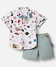 ToffyHouse Woven Half Sleeves Shirt & Shorts Set With Car Print & Bow - Teal Blue