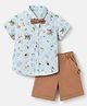 ToffyHouse Poplin Woven Half Sleeves Printed Shirt & Shorts Set With Bow & Suspender Detailing - Brown