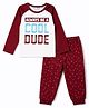 Honeyhap Premium 100% Cotton Knit Full Raglan Sleeves Text Printed Biio Finished T-Shirt & Pajama Night Suit- Marshmallow & Red Dahlia