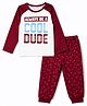 Honeyhap Premium 100% Cotton Knit Full Raglan Sleeves Text Printed Biio Finished T-Shirt & Pajama Night Suit- Marshmallow & Red Dahlia