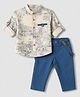 ToffyHouse Poplin Woven Full Sleeves Printed Shirt and Pants With Suspender - Blue