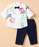 Toffyhouse Poplin Woven Half Sleeves Text Printed Shirt & Pant Set With Bow - Navy Blue