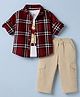 ToffyHouse Cotton Woven Full Sleeves Shirt and Pant Set With Inner Tee & Bear Print - Beige
