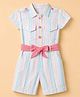 Dew Drops Cotton Woven Half Sleeves Striped Jumpsuits With Belt - Aqua