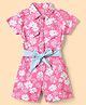 Dew Drops Cotton Woven Half Sleeves Jumpsuits With Floral Print & Belt - Pink