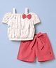 Dew Drops Cotton Woven Half Sleeves Floral Printed Top & Shorts Set With Bow Applique - Off White