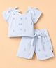 Dew Drops Cotton Woven Half Sleeves Striped Printed Top & Shorts Co-Ords Set With Bow Applique - Aqua Blue
