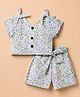 Dew Drops Cotton Woven Half Sleeves Floral Printed Top & Shorts Co-Ords Set With Bow Applique - Pink